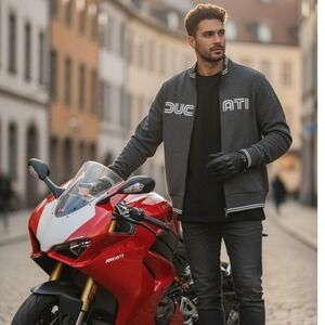 Ducati Mens Full Zip Sweatshirt Heather Gray Logo Racing Stripe Mock Neck XL